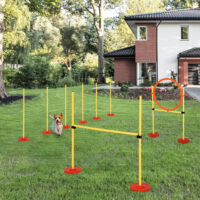 Gelbes 3-in-1 Hunde Agility Set mit praktischer Tragetasche, bietet verschiedene Trainingsmöglichkeiten für Agility-Sport.