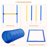 Blaues Hunde Agility Set mit Tunnel und Hürden, ideal für Spass und Training im Garten, fördert Fitness und Koordination.