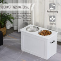 Weißer Hunde-Fressnapf mit Stauraum und 2 Edelstahlnäpfen.