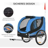 Blau-schwarzer geräumiger Hundeanhänger für das Fahrrad, 130x73x90cm, ermöglicht den Transport von Hunden bei Radtouren.