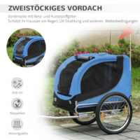 Blau-schwarzer geräumiger Hundeanhänger für das Fahrrad, 130x73x90cm, ermöglicht den Transport von Hunden bei Radtouren.