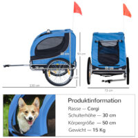 Blau-schwarzer geräumiger Hundeanhänger für das Fahrrad, 130x73x90cm, ermöglicht den Transport von Hunden bei Radtouren.