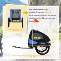 Blauer Hundeanhänger klappbar und wasserbeständig, Grösse 140x71x83cm, ideal für sichere Haustiertransporte.