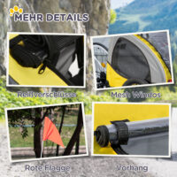 Gelber Hundeanhänger mit Sicherheitsleine und Netzfenstern, bis 20kg belastbar, bietet sichere und luftige Transportmöglichkeiten für kleine bis mittelgrosse Hunde.