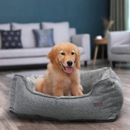 Hundebett Schlafsofa in Hellgrau, rutschfest, Leinenoptik, 70x55x21cm