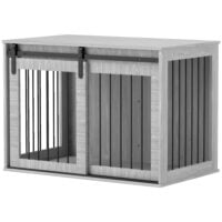 Hundebox mit Schiebetür und Belüftung aus Holz und Metall grau
