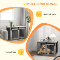 Hundebox mit Schiebetür und Belüftung aus Holz und Metall grau