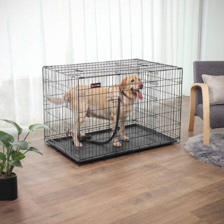 Faltbarer Metall-Hundekäfig für große Hunde in Schwarz, aus robustem Eisendraht, mit abnehmbarer Trennwand und Bodenwanne. Maße: 122 x 74,5 x 80,5 cm. Ideal für Sicherheit und Komfort von Haustieren.