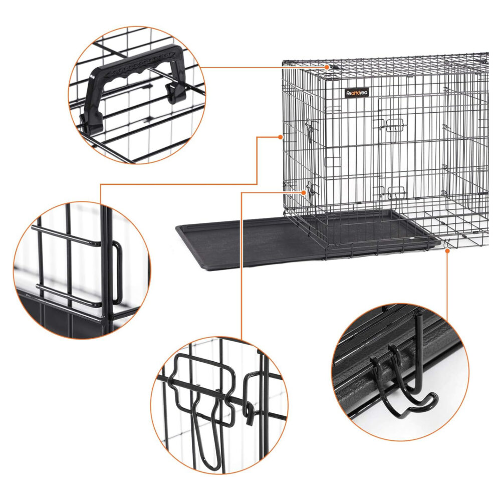 Faltbarer Metall-Hundekäfig für große Hunde in Schwarz, aus robustem Eisendraht, mit abnehmbarer Trennwand und Bodenwanne. Maße: 122 x 74,5 x 80,5 cm. Ideal für Sicherheit und Komfort von Haustieren.