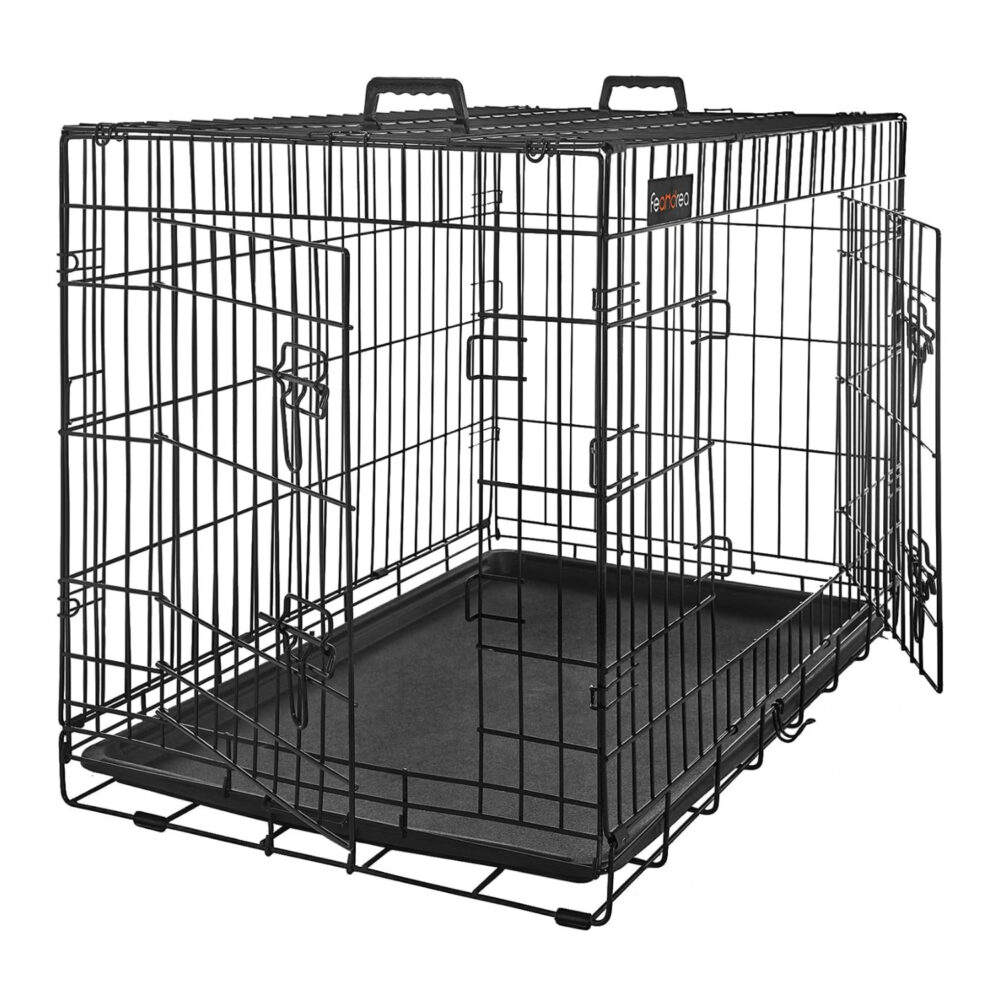 Faltbarer Metall-Hundekäfig für große Hunde in Schwarz, aus robustem Eisendraht, mit abnehmbarer Trennwand und Bodenwanne. Maße: 122 x 74,5 x 80,5 cm. Ideal für Sicherheit und Komfort von Haustieren.