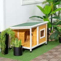 Hundehütte wetterfest mit Veranda und aufklappbarem Dach aus Holz