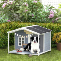 Hundehütte wetterfest erhöht mit Terrasse für mittlere Hunde aus Holz