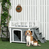 Hundehütte mit Dachterrasse und Treppe für draussen aus Holz