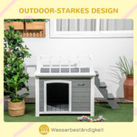 Hundehütte mit Dachterrasse und Treppe für draussen aus Holz