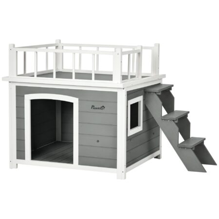 Hundehütte mit Dachterrasse und Treppe für draussen aus Holz