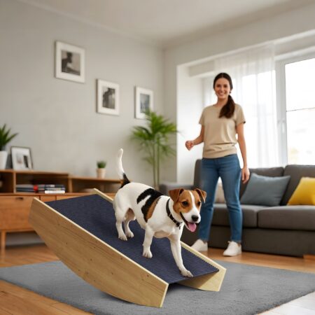 Naturholz Hundewippe, auch als Agility-Rampe nutzbar, 2-in-1 Design für Hunde bis 15kg, fördert Balance und Selbstvertrauen.