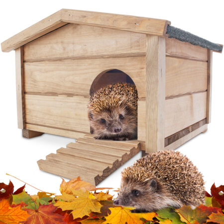 Igelhaus Waldhütte aus Holz mit Labyrintheingang und Rampe.