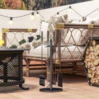 Kaminbesteck 5-teilig in Schwarz mit Schaufel, Besen und Zange.