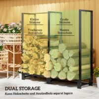 Kaminholzregal 123x32x115 cm, 2 Abschnitte, bis 200 kg Tragkraft, Schwarz.