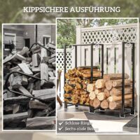 Kaminholzregal 123x32x115 cm, 2 Abschnitte, bis 200 kg Tragkraft, Schwarz.