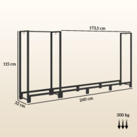 Kaminholzregal 240x32x115 cm, 2 Abschnitte, bis 300 kg belastbar, Schwarz.