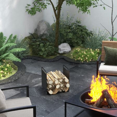 Kaminholzregal 365x30x36 cm, bis 30 kg belastbar, kompakte Bauweise, Farbe Schwarz.