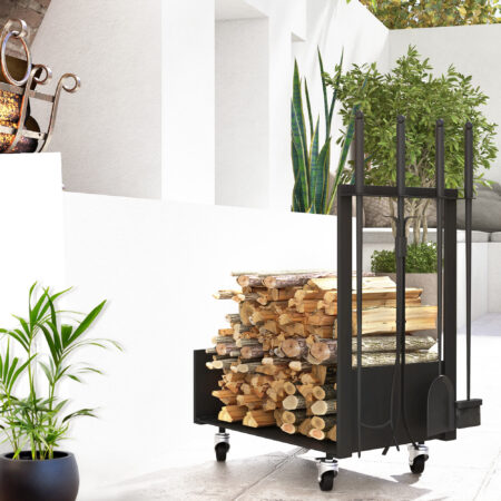 Kaminholzregal 48x30x76 cm mit Rollen und Zubehör, Farbe Schwarz.