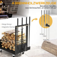 Kaminholzregal 48x30x76 cm mit Rollen und Zubehör, Farbe Schwarz.