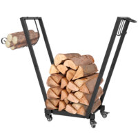 Kaminholzregal 79x30x81 cm, mit Rollen und Zubehör, schwarz pulverbeschichtet.