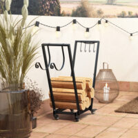 Kaminholzregal 79x30x81 cm, mit Rollen und Zubehör, schwarz pulverbeschichtet.