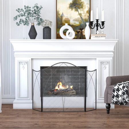 Kaminschutzgitter 126x76 cm, klappbar mit 3 Paneelen in Schwarz.