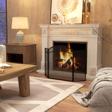 Kaminschutzgitter 96x60 cm, klappbar mit 3 Paneelen in Schwarz.