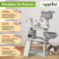 Komfortabler Katzenbaum Emelly in Hellgrau mit mehreren Ebenen.