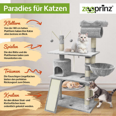 Komfortabler Katzenbaum Emelly in Hellgrau mit mehreren Ebenen.