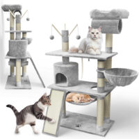 Komfortabler Katzenbaum Emelly in Hellgrau mit mehreren Ebenen.