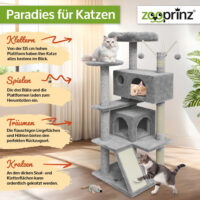 Stilvoller Katzenbaum Kätty in Hellgrau mit Kratzmöglichkeiten.
