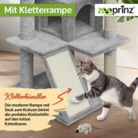 Stilvoller Katzenbaum Kätty in Hellgrau mit Kratzmöglichkeiten.