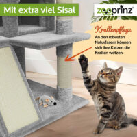 Stilvoller Katzenbaum Kätty in Hellgrau mit Kratzmöglichkeiten.