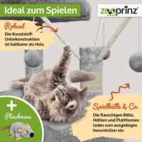 Stilvoller Katzenbaum Kätty in Hellgrau mit Kratzmöglichkeiten.