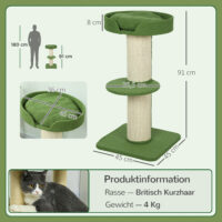 Katzenbaum mit Katzenbett und Plattform 91cm Lammwolle grün