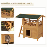 Naturfarbenes 2-stöckiges Katzenhaus aus Holz, mit Balkon und Treppe, bietet Katzen einen gemütlichen Rückzugsort und Klettermöglichkeiten.