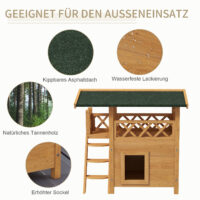 Naturfarbenes 2-stöckiges Katzenhaus aus Holz, mit Balkon und Treppe, bietet Katzen einen gemütlichen Rückzugsort und Klettermöglichkeiten.