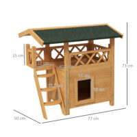 Naturfarbenes 2-stöckiges Katzenhaus aus Holz, mit Balkon und Treppe, bietet Katzen einen gemütlichen Rückzugsort und Klettermöglichkeiten.