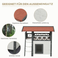 Weisses 2-stöckiges Katzenhaus aus Holz, mit Balkon und Treppe, eine charmante und funktionale Behausung für Katzen.