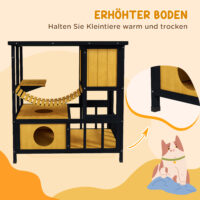 Gelbes wasserdichtes Katzenhaus aus Holz mit Hängebrücke, bietet Schutz und Unterhaltung im Aussenbereich.