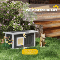 Graues wetterfestes Katzenhaus aus Holz mit integrierter Kratzmatte und Klappdach, bietet Schutz und Krallenpflege im Freien.