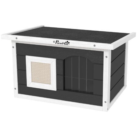 Graues wetterfestes Katzenhaus aus Holz mit integrierter Kratzmatte und Klappdach, bietet Schutz und Krallenpflege im Freien.