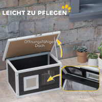 Graues wetterfestes Katzenhaus aus Holz mit integrierter Kratzmatte und Klappdach, bietet Schutz und Krallenpflege im Freien.