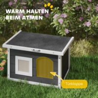 Graues wetterfestes Katzenhaus aus Holz mit integrierter Kratzmatte und Klappdach, bietet Schutz und Krallenpflege im Freien.