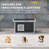 Graues wetterfestes Katzenhaus aus Holz mit integrierter Kratzmatte und Klappdach, bietet Schutz und Krallenpflege im Freien.